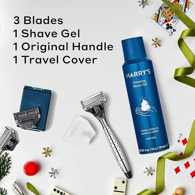 Harry's Shaving Kit for Men - 1 Razor Handle (Obsidian Chrome), 3 Original Razor Blade Refills, 4 oz Foaming Shave Gel & Travel Blade Cover