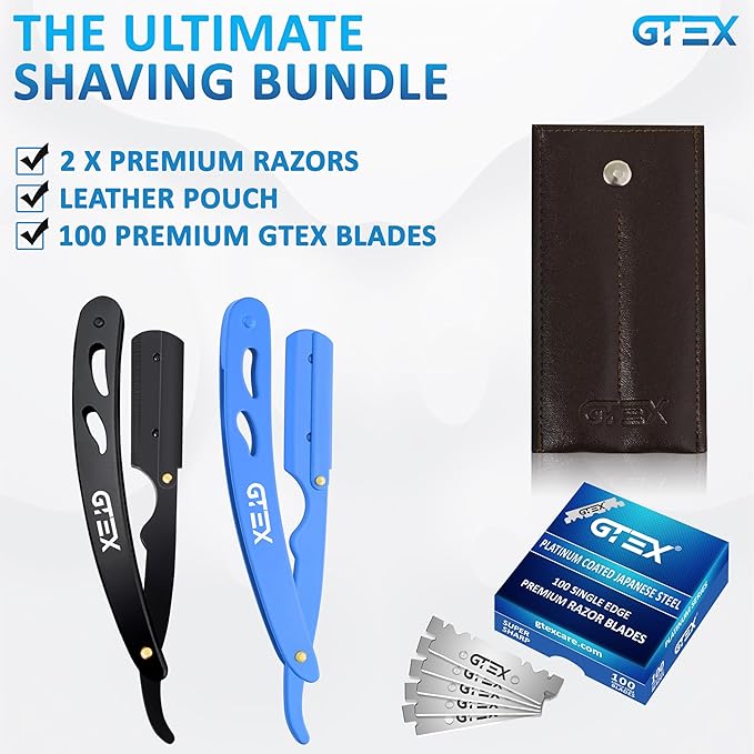 2 Straight Razor For Men (Blue Black), 100 GTEX Premium Blades (Japanese Steel) - 2Pack Straight Edge Razor 100 Platinum Razor Blade - Navajas Para Barbero - Barber Razor For Men, Beard Razor