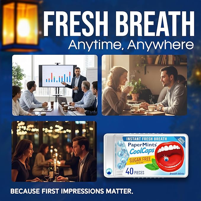 PaperMints CoolCaps Peppermint Breath Mints - Dual Action Liquid Capsules - Instant Fresh Breath Freshener, Fast-Disolves, Sugar-Free Mint Capsules 4 Pack of 40 pieces - 160 Total.