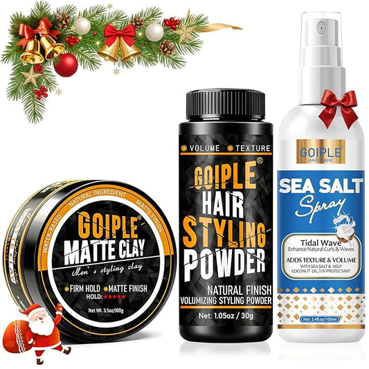 Matte Clay Firm Hold Hair Clay for Men Water Based & Hair Styling Powder for Natural Finish Volumizing & Texturizing Hair Powder & Sea Salt Spray for All Hair Adds Instant Thickness Light Hold (3PCS)