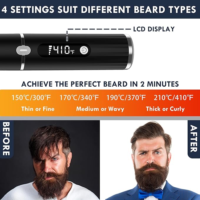 Beard Straightener for Men - Cordless Heated Beard Straightening Comb with LCD, Beard and Hair Straightener Brush Hot Comb, Anti-Scald & Automatic Shut-Off, Portable for Travel