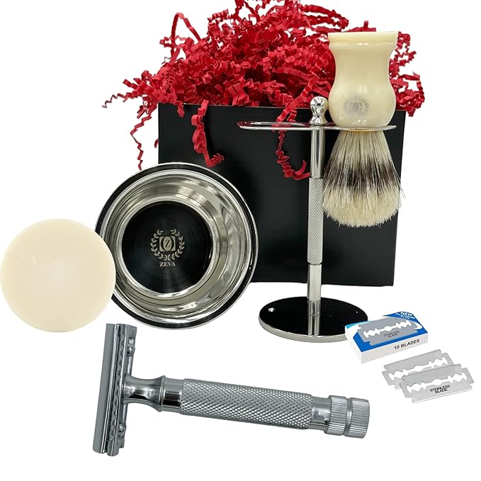 Men Safety Razor Shaving Gift Kit | Vintage Wet Shave Grooming Set for Men - Includes: Safety Razor, Hair Shaving Brush, Drip Shave Stand, Shave Soap, Bowl & Double Edge Razor Blades (White)