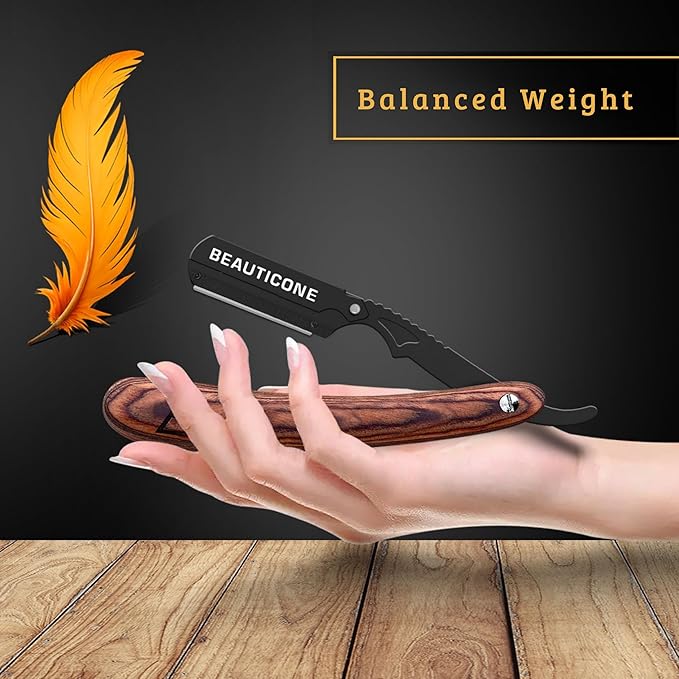 BEAUTICONE Straight Razors for Men, Straight Edge Razor, 100 Single Edge Blades, Stainless Steel, Barber Razor for Men's Shaving, Barber Shaving Knife, Wooden, Swinglock