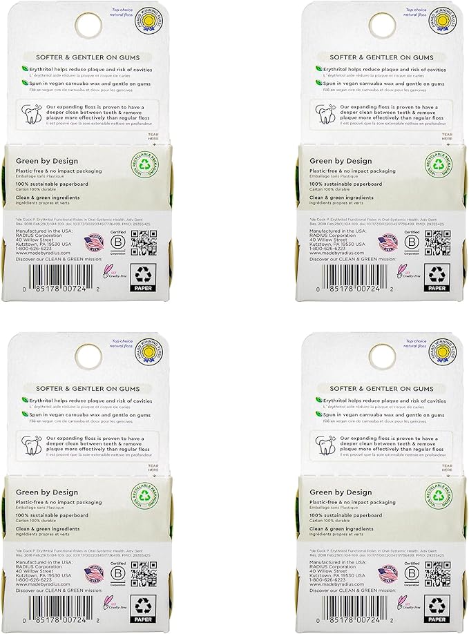 Radius Vanilla Mint Dental Floss 55 Yards Vegan & Non-Toxic Oral Care Boost & Designed to Help Fight Plaque Clear - Pack of 4
