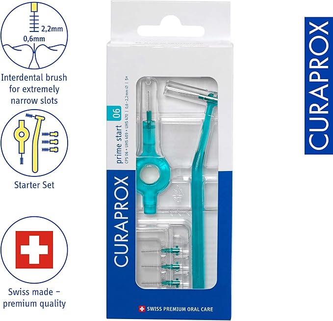Curaprox CPS 06 Prime Start Interdental Brushes Set, 5 interdental Brushes CPS 06 Prime + 1 Holder UHS 409 + 1 Holder UHS 470, 0.6 mm to 2.2 mm, Turquoise