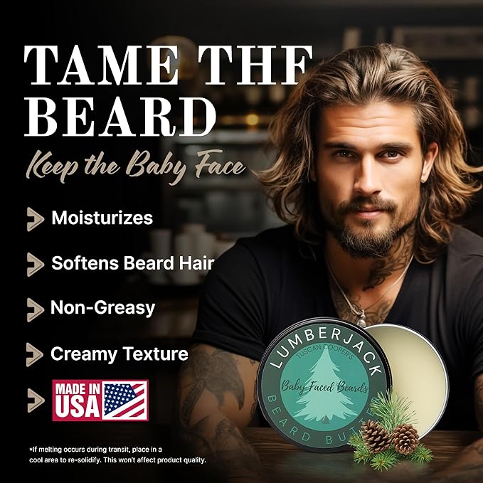 Tuscan Cooper's Baby Faced Beards Butter for Men - Moisturizing Beard Balm Cream and Softener for All Hair Types Including Coarse Hair - 4oz Hydration and Conditioning Care - Southern Spiced Tobacco