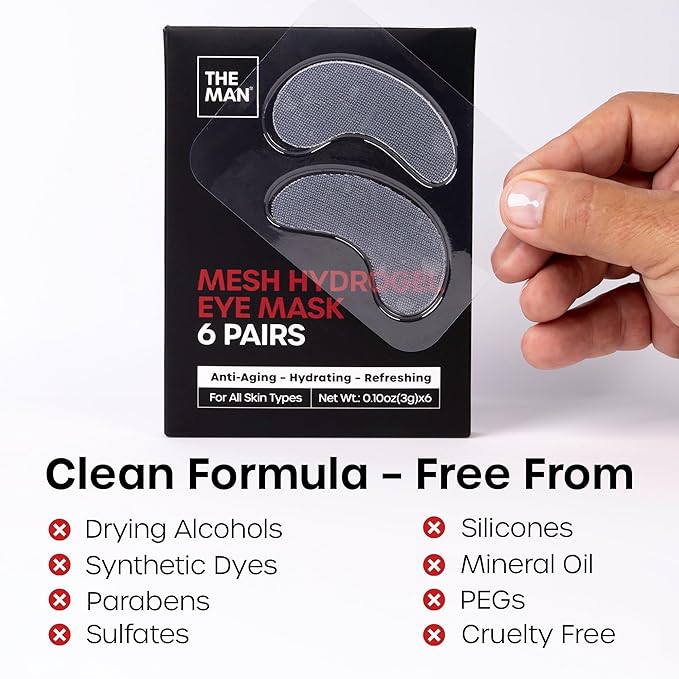 The Man Mesh Hydrogel Under Eye Patches for Men - Cooling, Hydrating & Firming Eye Masks for Dark Circles & Puffiness - Men's Anti-Aging Patches with Hyaluronic Acid, Collagen & Vitamin E. (6 Pairs)