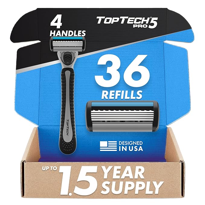 TopTech PRO 5 Razors for Men Quad Set - Manual Shaving Razors & Refills - 40 Count Pack (4 Handles + 36 Replaceable Cartridges), 5-Blades Technology - Soft Shave & Sharp Blades - Great Refill Price