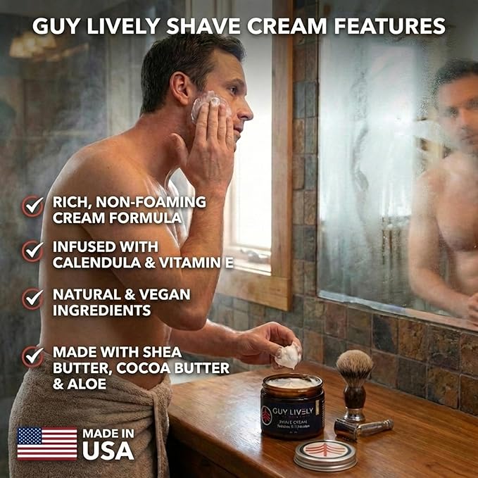 Guy Lively Men’s Shave Cream, Unscented Non‑Foaming Shaving Cream for Sensitive Skin with Organic Aloe, Shea & Cocoa Butter, Natural Vegan Formula Reduces Razor Burn & Irritation, 6 fl oz, Made in USA