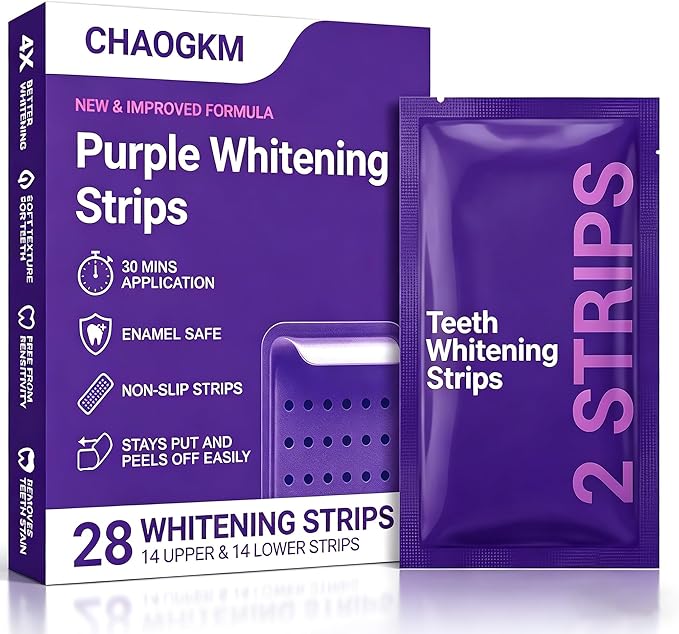 Purple Teeth Whitening Strips, Gentle Daily Purple Whitening Strips for Surface Stain Reduction & Natural Shine, Enamel Safe & Low-Sensitivity, Portable Purple Teeth Care Strips 28 Count (Pack of 1)