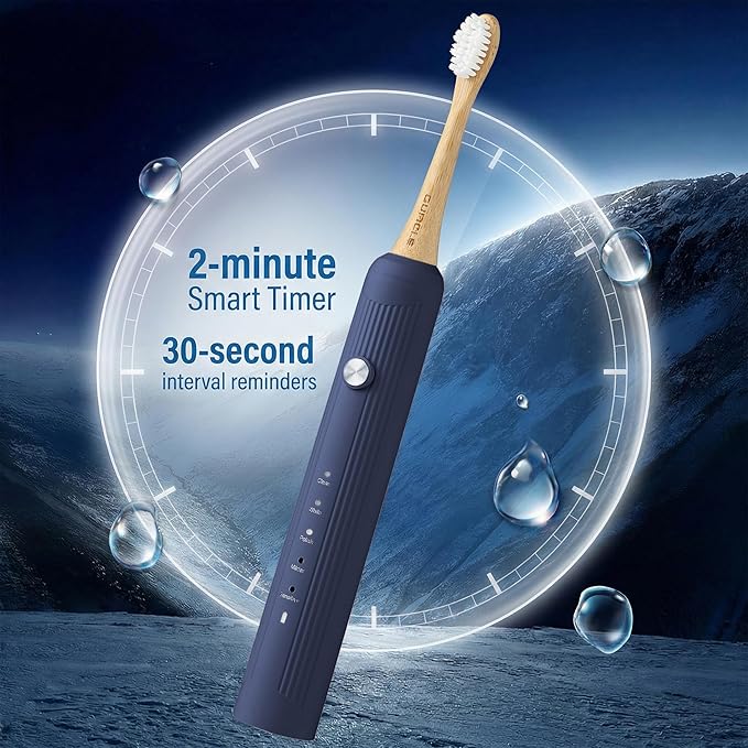 Bamboo Electric Toothbrush for Adults，Sonic Electric Toothbrush with 4 Bamboo Heads, Soft Castor Oil Bristles, 5 Modes, Smart Timer, Sonic Technology, IPX7 Waterproof, 70-Day Battery Life-Navy