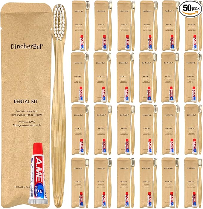 DincherBel Bamboo Toothbrushes Kit Bulk, Disposable Toothbrushes with Toothpaste(6g), Individually Wrapped Toiletries Amenities for Hotel, Airbnb, Homeless, Shelter, Camping and Travel (50 Pack)