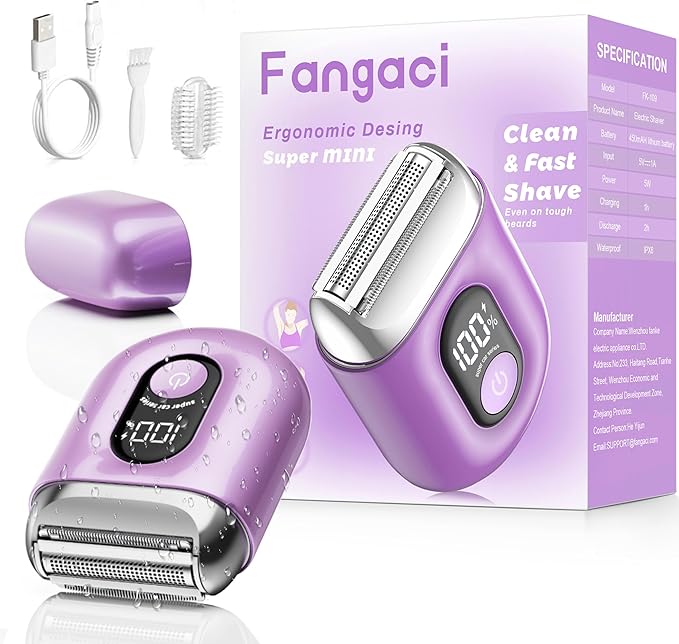 Cordless Electric Shaver for Women: Mini Electric Razors with LED Display - Rechargeable Bikini Trimmer - IPX7 Waterproof Wet Dry Face Razor for Body Pubic Leg (Bright Purple)