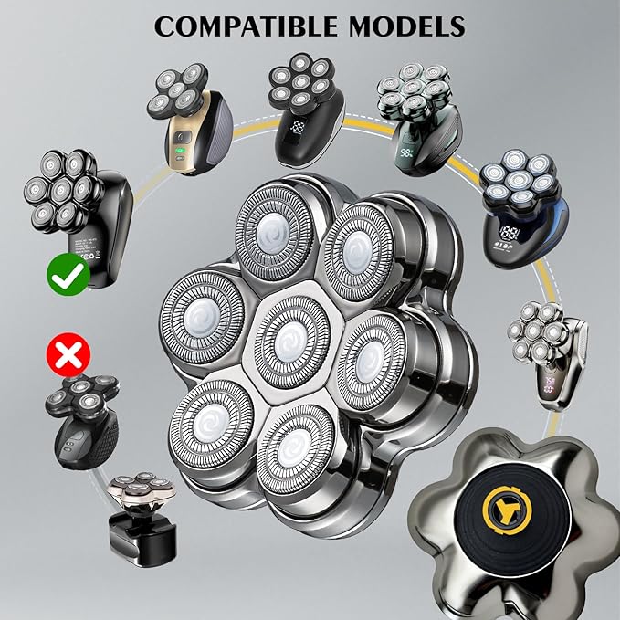 Head Shaver Replacement Heads Magnetic 7 Blades Razor Replacement Blades Compatible with Freebird Shaver & Other Brands (hmsilver7)