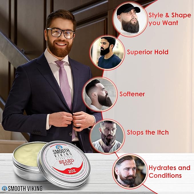Smooth Viking Beard Styling Balm for Men - Strong Hold Formula with Essential Oils & Beeswax for Healthy Beard & Mustache Growth, 2oz