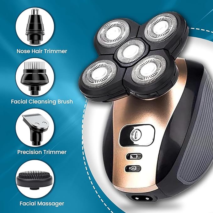 5-in-1 Rotary Electric Razor Bald Head Shaver | 4D Rechargeable and Cordless Beard Trimmer | Includes Skull Shaver, Clippers, Nose Hair Trimmer, Face Scrubber & Facial Cleansing Brush