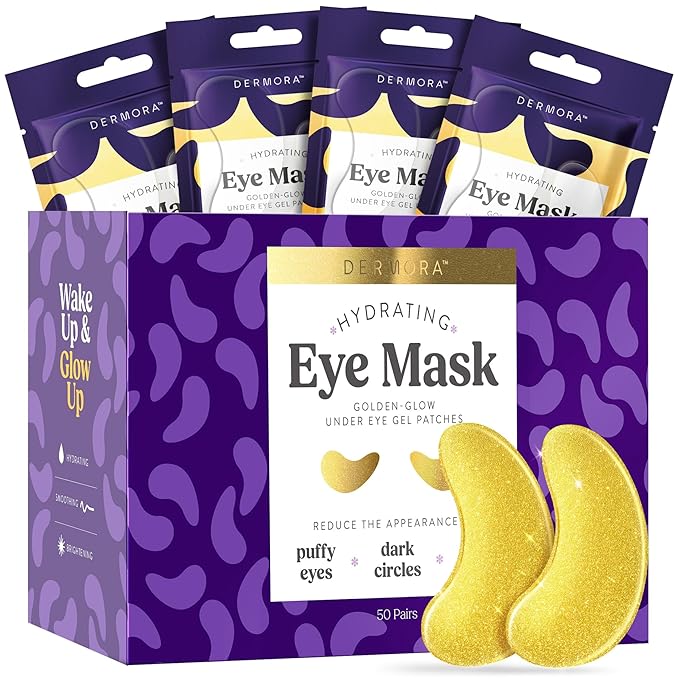 DERMORA Golden Glow Under Eye Patches | Rejuvenating Treatment | Dark Circles, Puffy Eyes, Refreshing, Revitalizing, Travel, Wrinkles | 50 Pairs Eye Gels