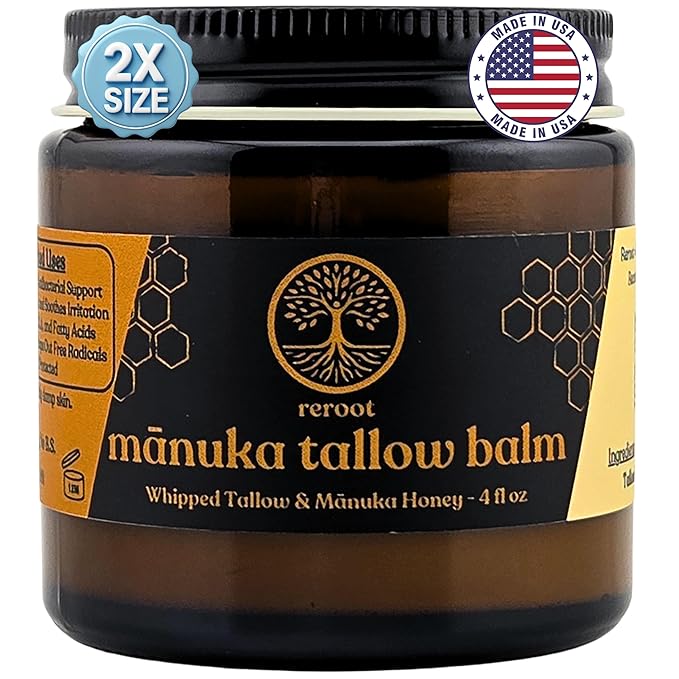 Manuka Honey Beef Tallow for Skin ~2 INGREDIENTS~ 100% Grass-Fed Tallow and Honey Balm - Whipped & UNSCENTED Tallow Face Moisturizer - Hydrating Tallow Balm for Men, Women, Kids & Babies (4oz)