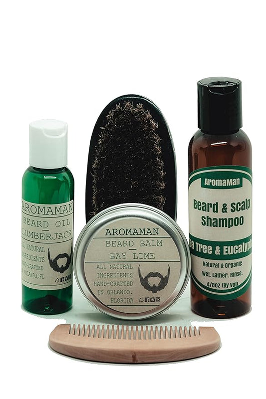 Aromaman Beard Care All-Natural Hand Crafted Beard Oil, Balm, Shampoo and Beard Brush/Comb. Choose your set!