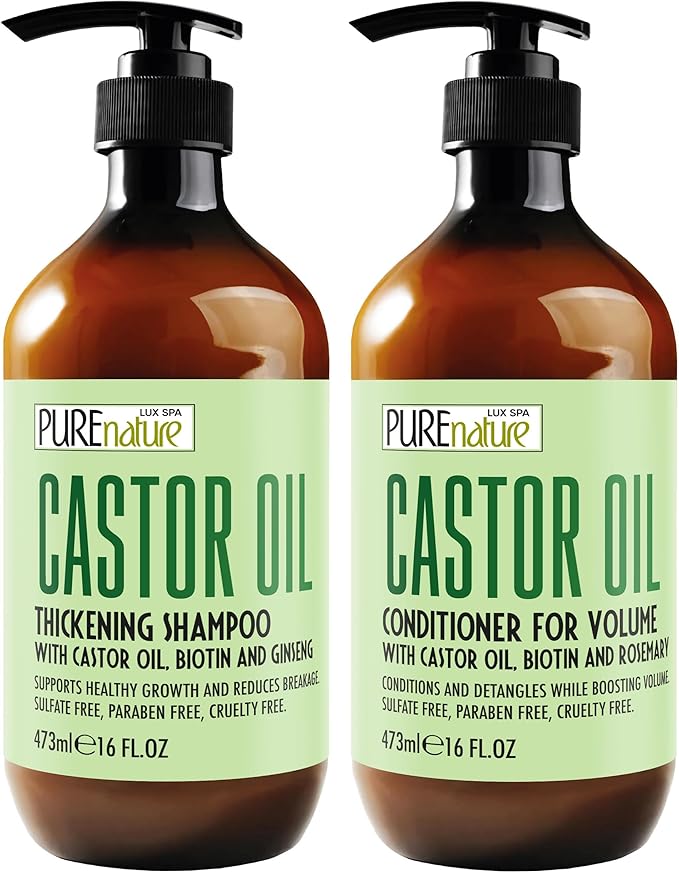 Castor Oil Shampoo and Conditioner Set - Sulfate Free - Volume Thickening Products for Fine, Thinning Hair - Anti Breakage and Volumizing, Thick Professional Salon Formula - 16 Fl Oz (Set of 2)
