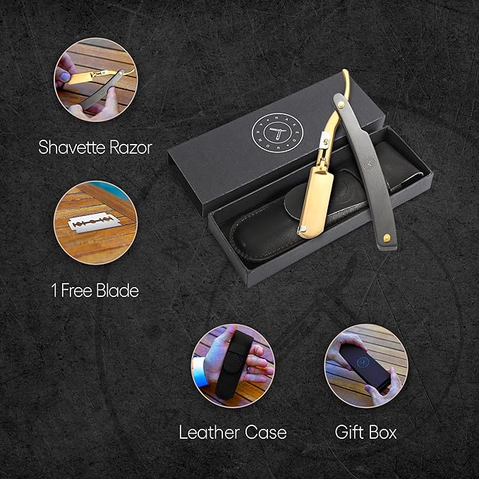 Best Shavette Straight Razor - Replaceable Blade Straight Razor, Metal Handle Shavette, No Stropping or Honing Needed, Great For Beginners, Starter Blade, Hygienic, Close Shave, Leather Case