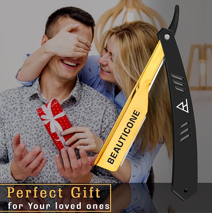 BEAUTICONE Straight Razors for Men, Straight Edge Razor, 100 Single Edge Blades, Stainless Steel, Barber Razor for Men's Shaving, Barber Shaving Knife, Slide-Out