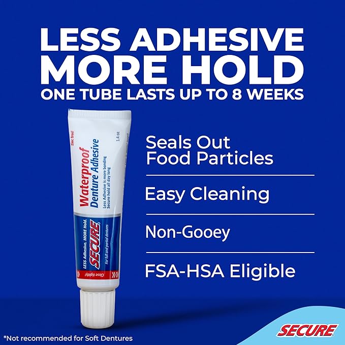 Secure Denture Adhesive Cream for Uppers, Lowers & Partials – Waterproof Seal & Zinc Free – Food Grade Ingredients - Less Adhesive, More Hold - Tube Lasts Up to 8 Weeks - 1.4 oz
