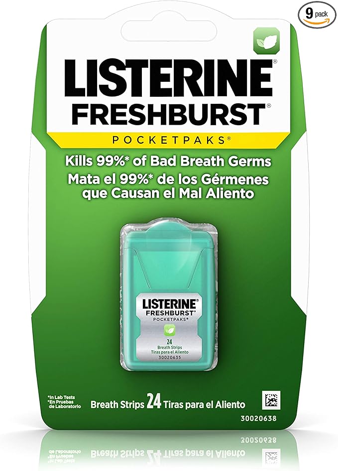 Listerine Freshburst Pocketpaks Fresh Breath Strips, Mint Breath Refresher Strips Portable Pack, Freshburst Spearmint Flavor, 24-Strips (Pack of 9)