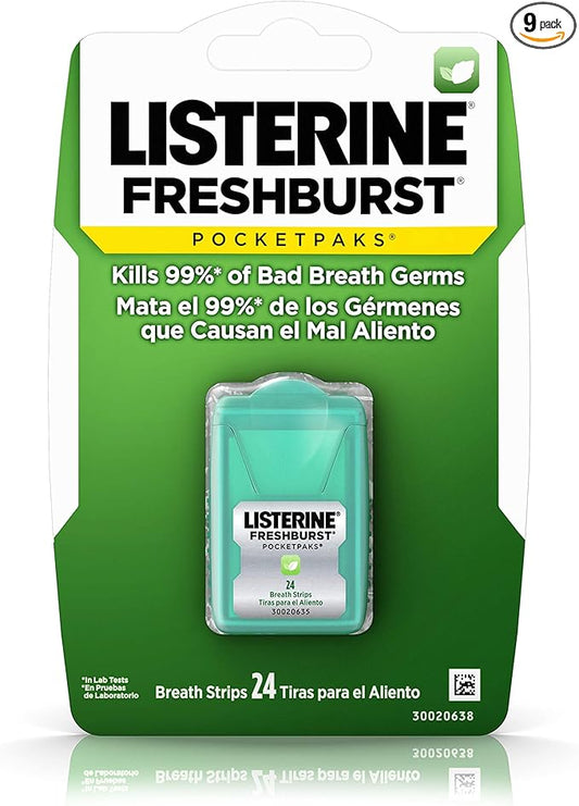 Listerine Freshburst Pocketpaks Fresh Breath Strips, Mint Breath Refresher Strips Portable Pack, Freshburst Spearmint Flavor, 24-Strips (Pack of 9)