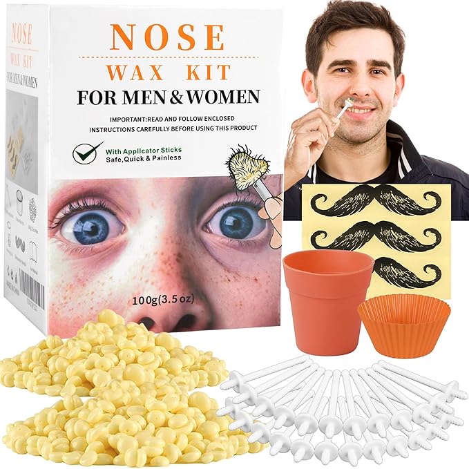 Nose Wax Hair Removal Kit by CoFashion | 100g Wax, 30 Applicators (15-30 Uses) | Painless, Quick & Easy for Men Women | 15 Mustache Guards, 2 Silicone Cups