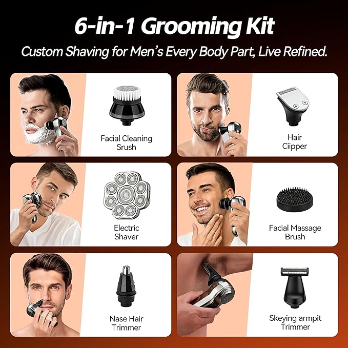 6-in-1 Electric Head & Body Hair Shaver - Mens Cordless Rechargeable Wet/Dry Skull Bald Head Back & Groin Waterproof Razor with Rotary Blades, Clippers, Nose Trimmer, Brush, Massager