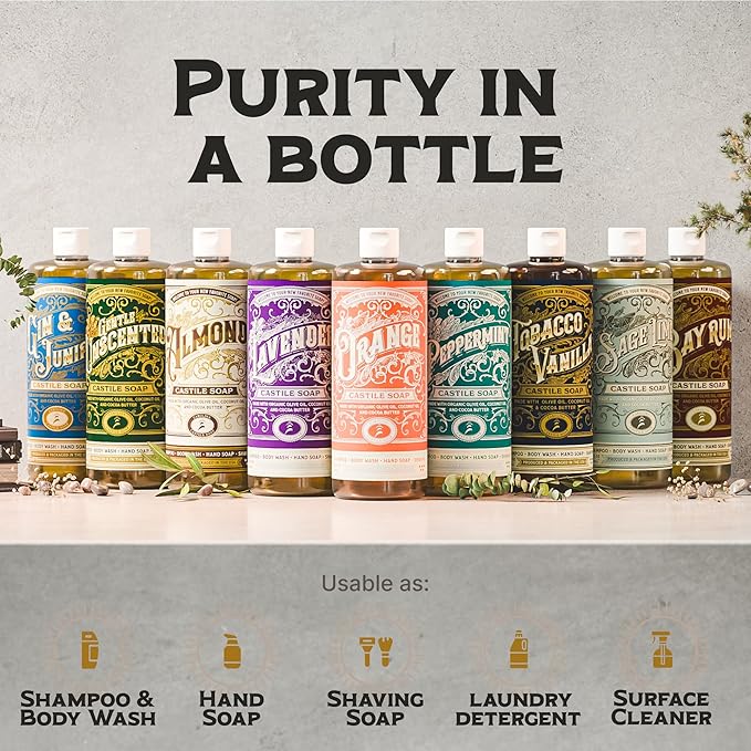 Carolina Castile Soap Gin & Juniper Scented – Certified Organic Base, High Olive Oil Content, Non-Drying, Made with Organic Oils, Concentrated Body Wash for Men (Gin & Juniper, 32 Fl Oz)