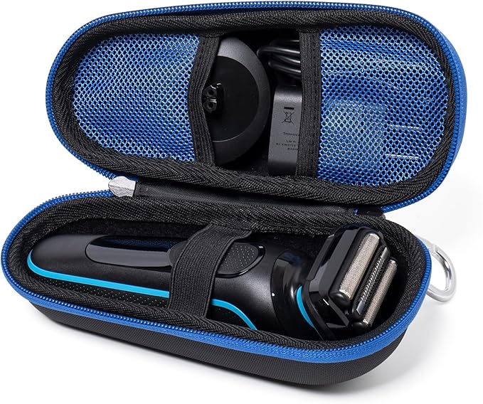 Nincha Electric Razor Case for Braun Series 3, 5, 7, 9 Shavers, Hard Shell EVA Travel Case with Charger Storage, Shaver Protective Carrying Case with Carabiner, Black&blue, 18.8 x 18 x 3.8 cm