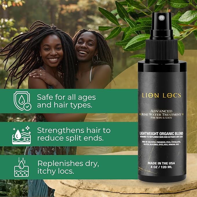 Lion Locs Rosewater Moisturizing Spray for Locs and Skin | Organic Vegan Conditioner Rose Water for All Hair Types (4oz, Nuda)