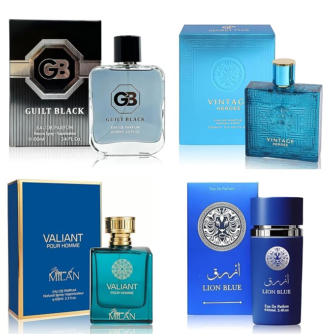 Men's Cologne Gift Set of 4(MilanValian&VintageH&GuiltB&LionBlu) - 3.4 Fl Oz Each | Vanilla Bourbon, Leather & Amber Floral Fragrance | Luxury Eau de Toilette Quartet