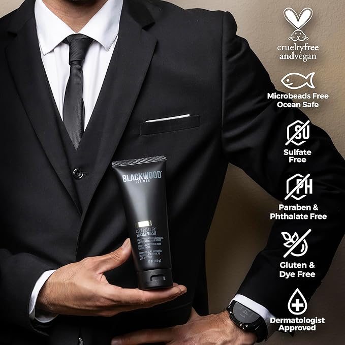 Blackwood For Men Cooling Clay Face Wash - Activated Charcoal, Menthol, & Tanakura Clay Cleanser & Mask for Deep Cleansing & Acne Treatment - Sulfate Free, Paraben Free, & Cruelty Free (4.23 oz)