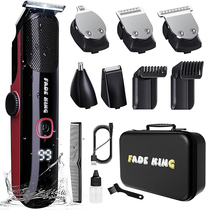 FADEKING Beard Trimmer for Men, Professional Hair Trimmer, Waterproof Electric Beard Trimmer Razor for Nose, Body, Face & Mustache, Cordless Hair Clippers, Grooming Gifts for Men (Red)