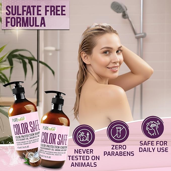 Color Safe Shampoo and Conditioner Set - Sulfate Free and Paraben Free for Protecting Treated, Dyed, and Colored Hair - Professional Salon Care for Women and Men - 16 Fl Oz (Set of 2)