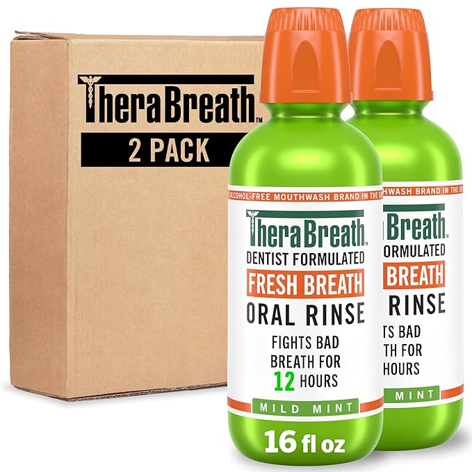 TheraBreath Fresh Breath Mouthwash, Mild Mint Flavor, Alcohol-Free, 16 Fl Oz (2-Pack)