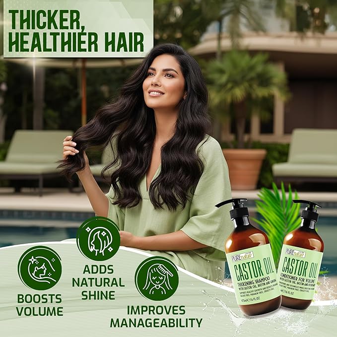 Castor Oil Shampoo and Conditioner Set - Sulfate Free - Volume Thickening Products for Fine, Thinning Hair - Anti Breakage and Volumizing, Thick Professional Salon Formula - 16 Fl Oz (Set of 2)