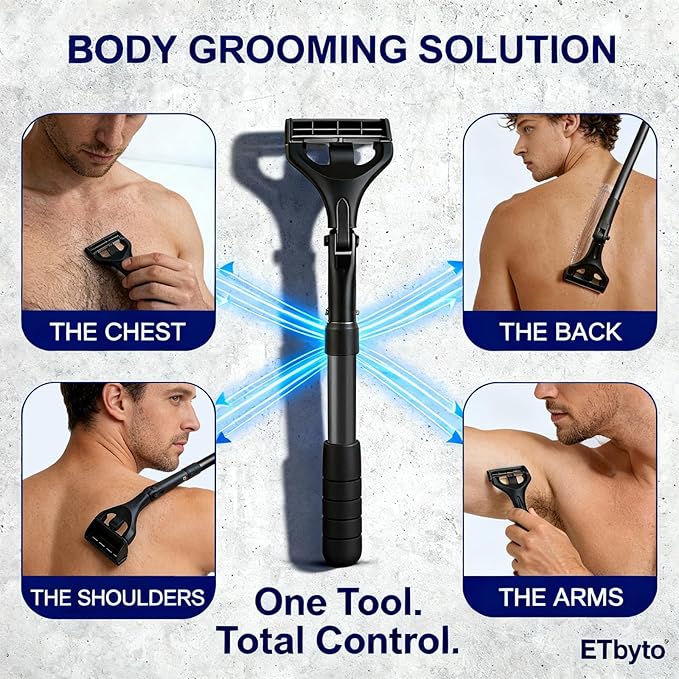 Retractable Back Shaver for Men: 180° Foldable Head Hair Shaver,Double Sharp Blades & Ergonomic Handle, Wet or Dry Back & Body Hair Removal,Black(3PCS Blades Included)