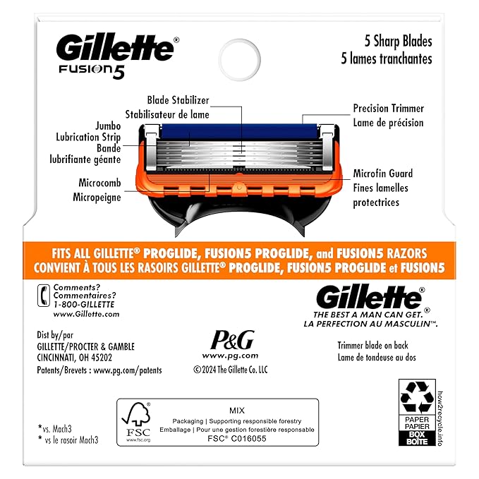 Gillette Fusion5 Razor Refills for Men, 2 Razor Blade Refills