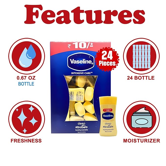 Vaseline Intensive Care Travel Moisturizer, 24 Count Bulk, Deep Moisture Moisturizing Lotion, Face and Body Moisturizer for Dry Skin, 0.67 oz