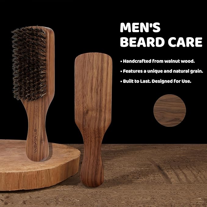 Boar Bristle Beard Brush for Men - Wooden Mustache Brush and Slick Back Hair Brush with Small Metal Beard Comb, Perfect for Home and Travel Use - Major