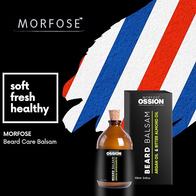Morfose Ossion Beard Care Balsam, Promotes Healthy Hair Growth, Fuller, Longer and Thicker Beard, Alleviates Itches, Eliminates Beardruff, Enriched with Argan and bitter Almond Oil, 3.4 Ounce