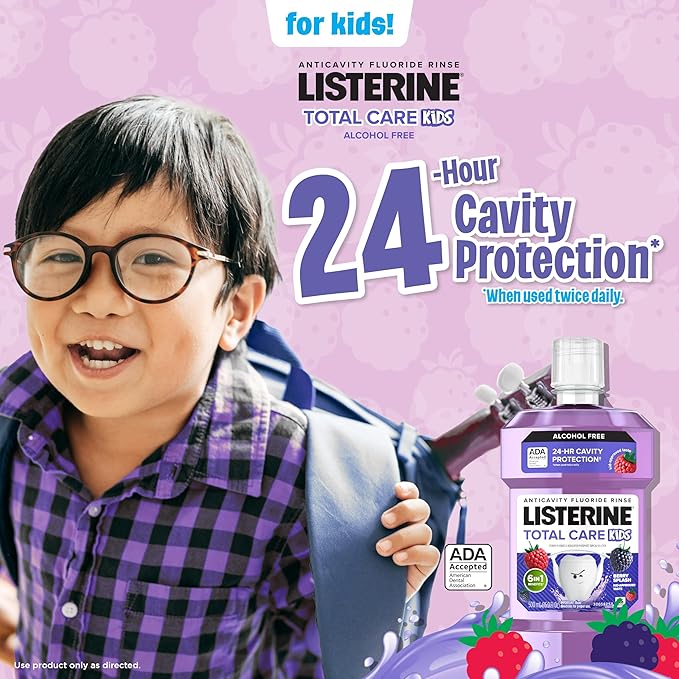 Listerine Total Care Kids Mouthwash, ADA Accepted, Alcohol-Free Anticavity Sodium Fluoride Mouthwash, Oral Rinse for Cavity Protection, Berry Splash Flavor for Kids Oral Care, 16.9 Oz, 6-Pack