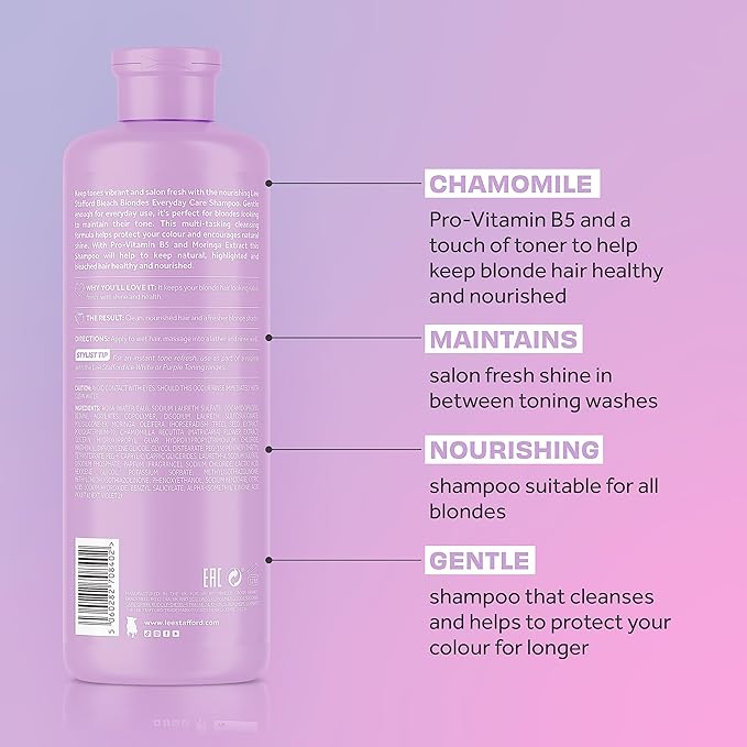 Lee Stafford Daily Blonde Shampoo | Bleach Blondes Everyday Care Cleanser - Best to Neutralizes Yellow Tones, Brightens & Refreshes for a Lighter Blonde, Hydrate Dry, Damaged Hair, 16.7 Fl Oz