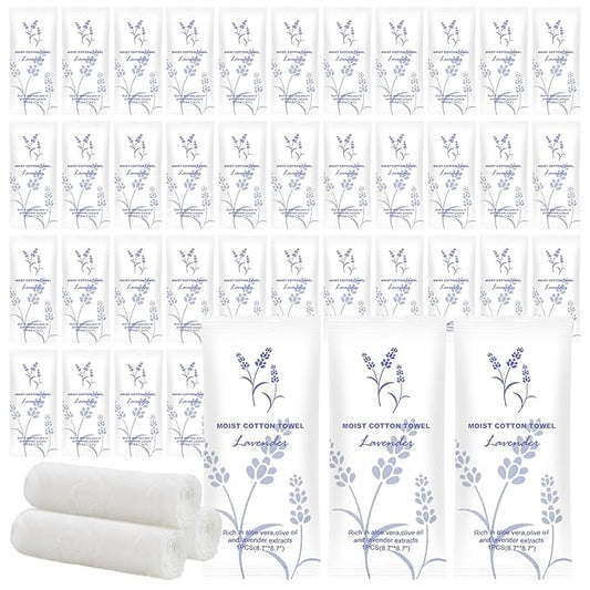 Moist Cotton Towel Bulk Moist Towelettes Individually Wrapped,White Towel Services,Refreshment Pre Moistened Towels for Dentist Travel Sport Party Hotel 100,Lavender