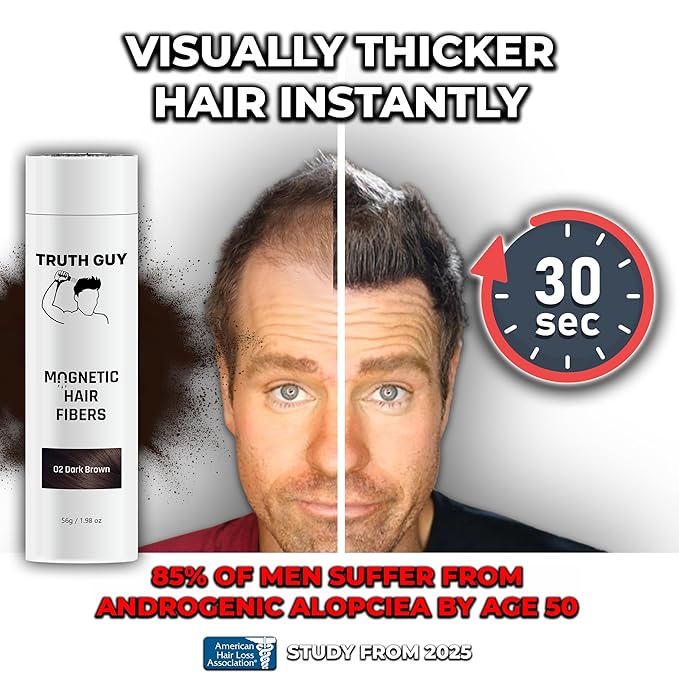 Truth Guy Magnetic Hair Building Fibers for Thinning Hair - Adds Volume & Thickness with Static Electricity Technology - Easy Application for Men & Women, Quick Results, Mess-Free. 2 oz. Medium Brown