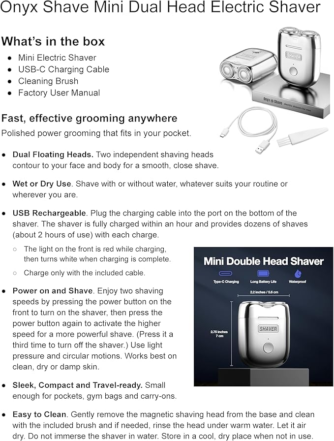 Onyx Shaver Mini Dual Head Rotary Electric Razor for Men Portable Travel Shaver USB C Rechargeable Wet or Dry Use Lightweight Pocket Size Electric Shavers for Men Two Speed Easy Clean Detachable Head